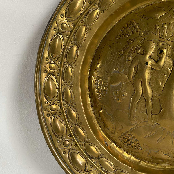 Large Northern European Baroque Adam and Eve Brass Repousse Alms Plate