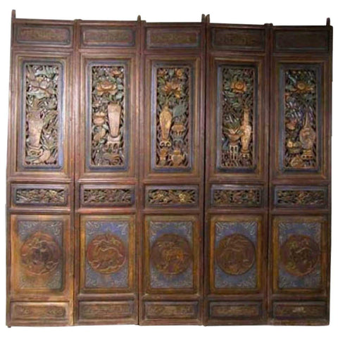 Chinese Qing Painted Pine Five-Panel Paravent Room Screen
