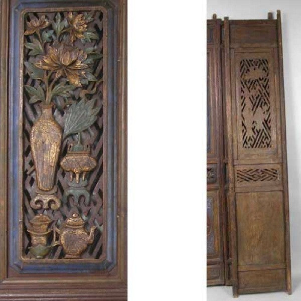 Chinese Qing Painted Pine Five-Panel Paravent Room Screen