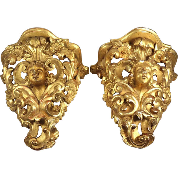 Pair of French Louis XV Revival Giltwood Putti Wall Bracket Display Shelves