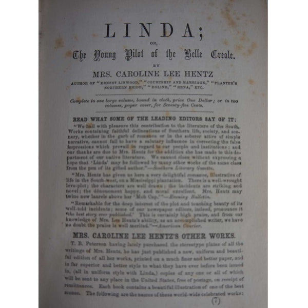 Book: Linda; or The Young Pilot of Belle Creole by Caroline Lee Hentz
