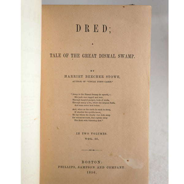 First Edition Book: Dred, A Tale of the Great Dismal Swamp by Harriet Beecher Stowe, Vol. II