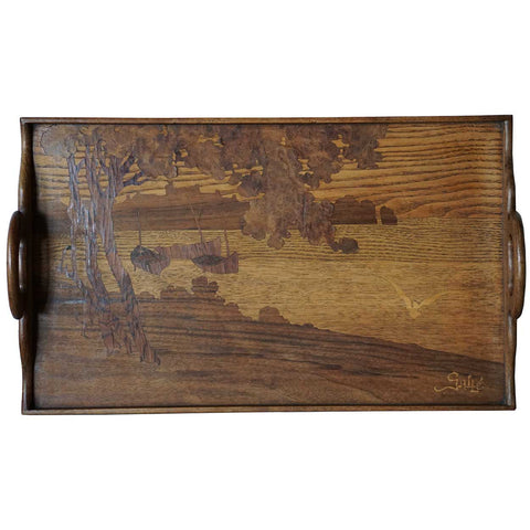 French Emile Galle Art Nouveau Marquetry Walnut Gallery Tray