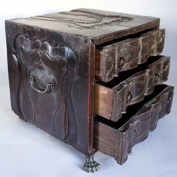 Small Indo-Portuguese Rosewood and Teak Miniature Chest of Drawers Table-Top Box