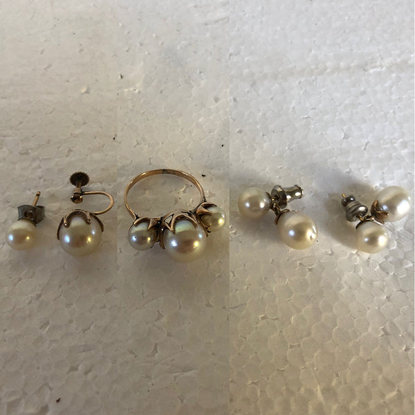 Collection Vintage Pearl and Gold Earrings and Cocktail Ring