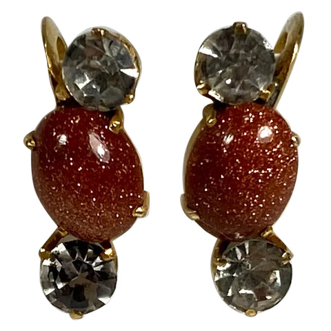 Vintage Pair Japanese/Chinese 10 Karat Yellow Gold Goldstone Screw-Back Earrings