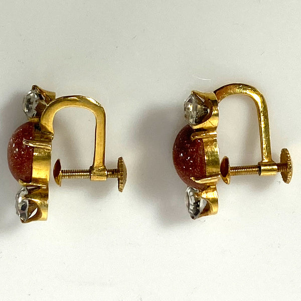 Vintage Pair Japanese/Chinese 10 Karat Yellow Gold Goldstone Screw-Back Earrings