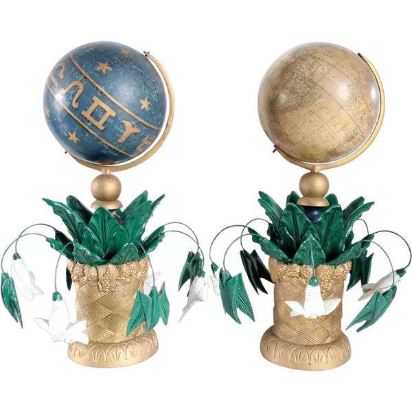 Pair American F. Mc. Dermott Masonic Painted Wood and Gesso Celestial and Terrestrial Globes