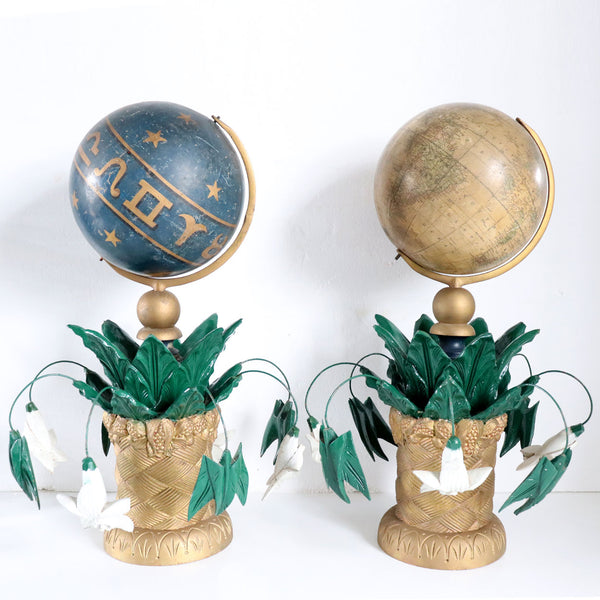 Pair American F. Mc. Dermott Masonic Painted Wood and Gesso Celestial and Terrestrial Globes