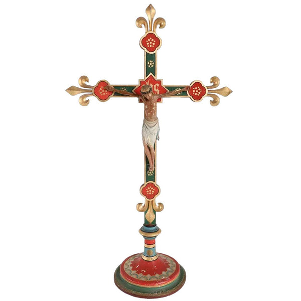 Continental Folk Art Painted Pine Crucifix on Stand