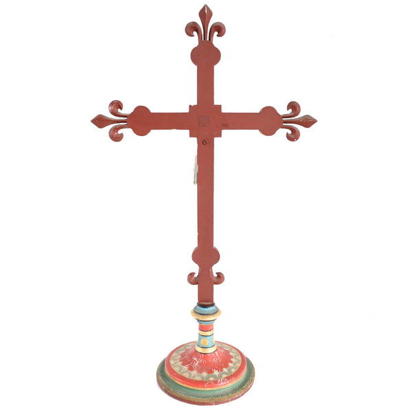 Continental Folk Art Painted Pine Crucifix on Stand