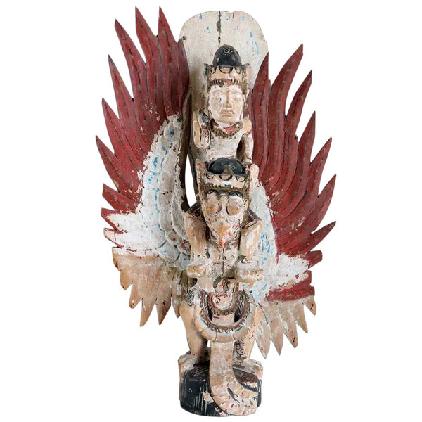 Vintage Indonesian Balinese Painted Teak Vishnu Riding Garuda Deity Carving