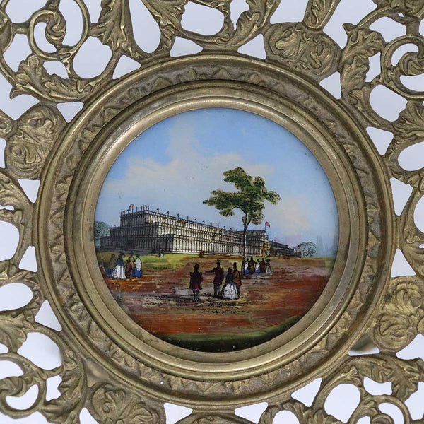 English Victorian Reverse Painted Glass and Reticulated Brass Crystal Palace World's Fair Calling Card Tray