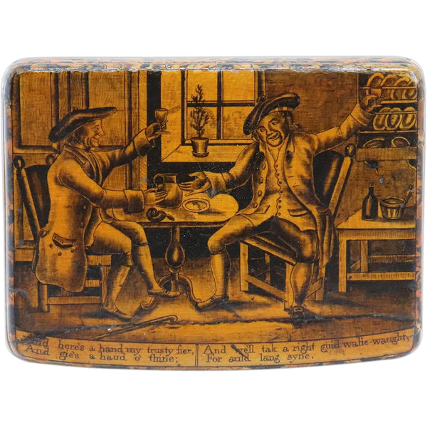Small British Victorian Lacquered Wood Auld Lang Syne Tavern Scene Box