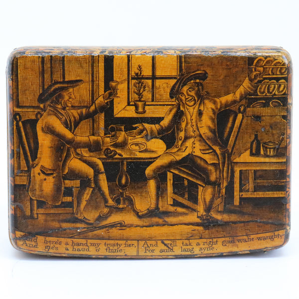 Small British Victorian Lacquered Wood Auld Lang Syne Tavern Scene Box