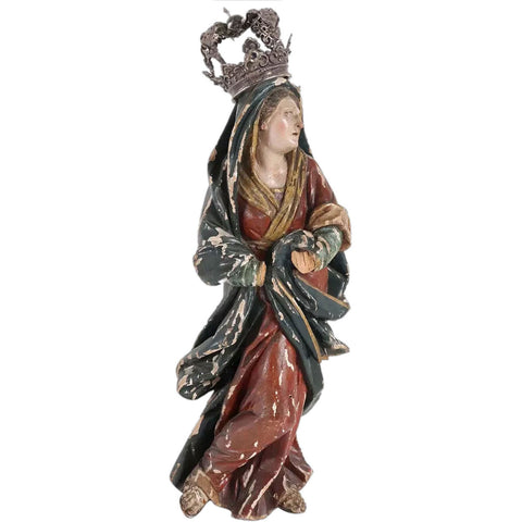 French Painted Wood, Silver and Sapphire Crowned Madonna Figure