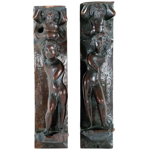 Pair of Italian Baroque Walnut Figural Furniture Bracket Carvings