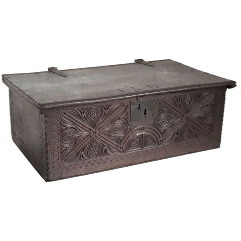 English Jacobean Carved Oak Iron Mounted Document Box