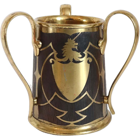 German Art Nouveau Erhard & Sohne Brass and Oak Intarsia Loving Cup
