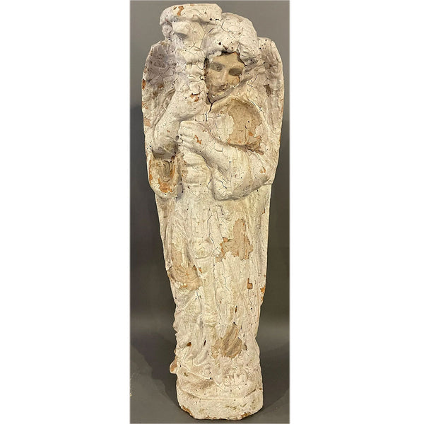 [RESTORE] French White Painted Terracotta Angel with Torch Garden Statue