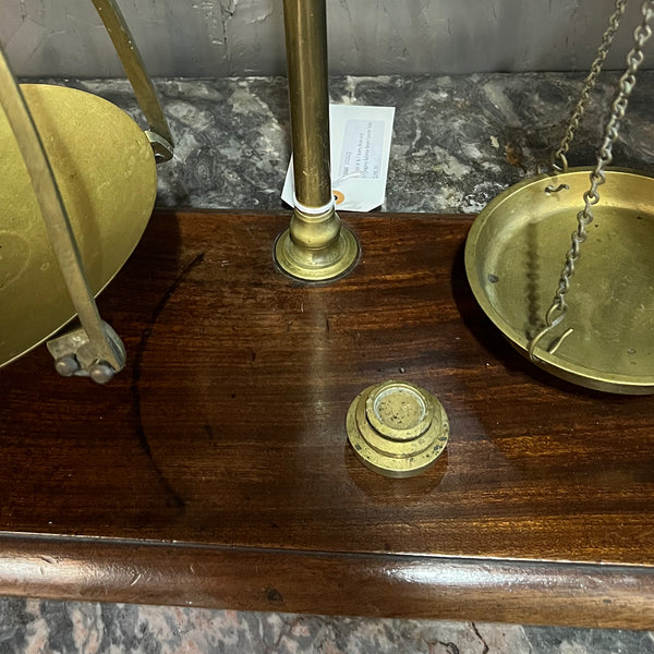 English W & T Avery Brass and Mahogany Balance Beam Counter Scale and 3 Weights
