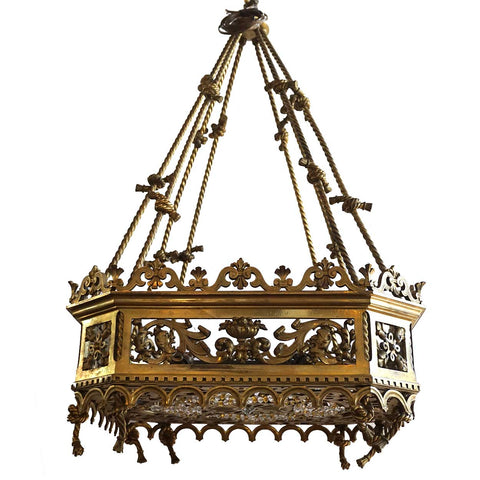 Fine Large French Gold Gilt Bronze and Beaded Hanging Eight-Light Pendant Light