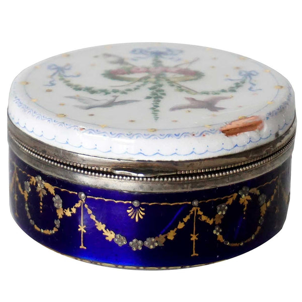 French Silver Mounted Hand Painted Enamel Round Love Token Snuff Box