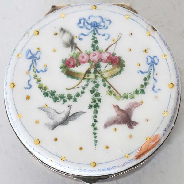 French Silver Mounted Hand Painted Enamel Round Love Token Snuff Box