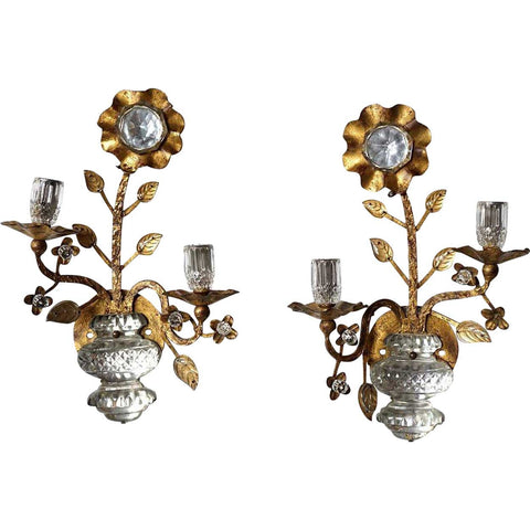 Pair French Maison Bagues Gilt Iron and Crystal Flower-Form Two-Light Sconces