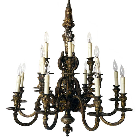 Large French Louis XIII Style Gilt Bronze 16-Light Chandelier
