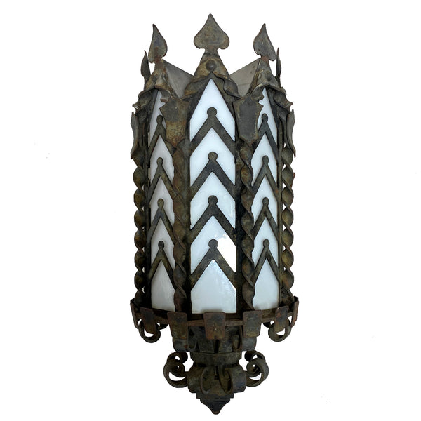 Pair American Tudor Style Wrought Iron and Glass One-Light Exterior Wall Lantern Sconces