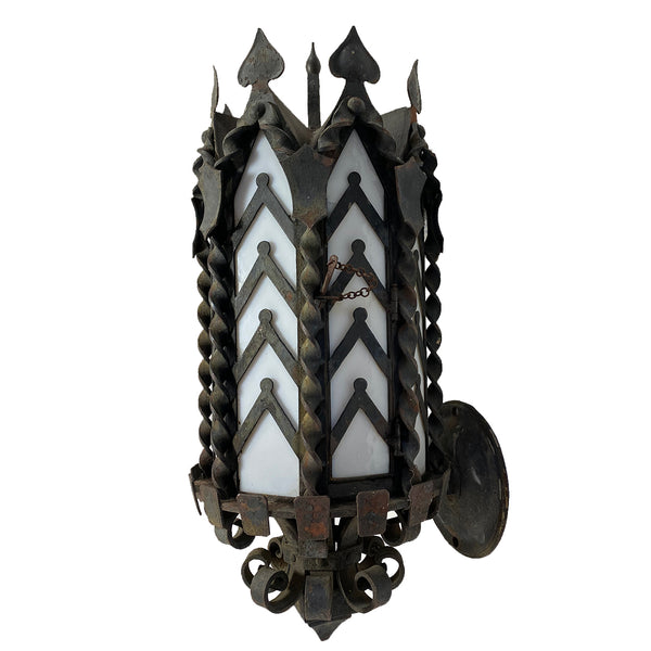 Pair American Tudor Style Wrought Iron and Glass One-Light Exterior Wall Lantern Sconces