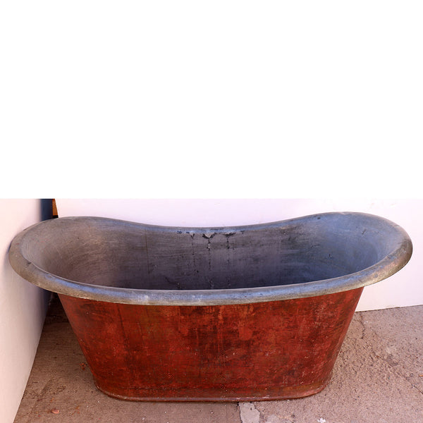 French Patinated Copper Double-End Bateau Bathtub and Brass Faucet