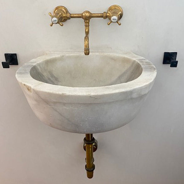 French Provincial White Marble Wall Mount Sink and Brass Faucet