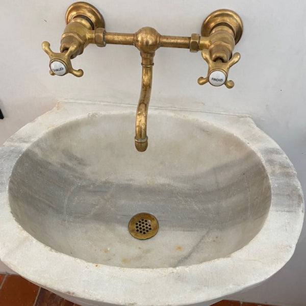 French Provincial White Marble Wall Mount Sink and Brass Faucet