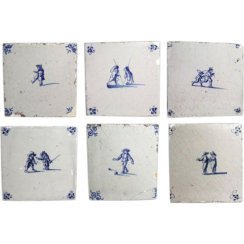 Set of Six Dutch Delft Blue and White Pottery Square Figural Tiles