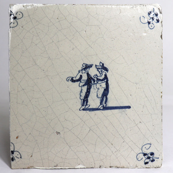 Set of Six Dutch Delft Blue and White Pottery Square Figural Tiles