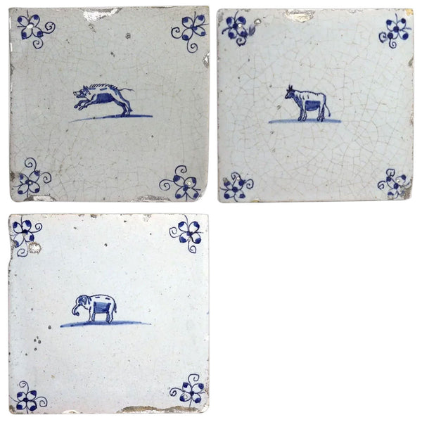 Set of Three Dutch Delft Blue and White Pottery Square Animal Tiles