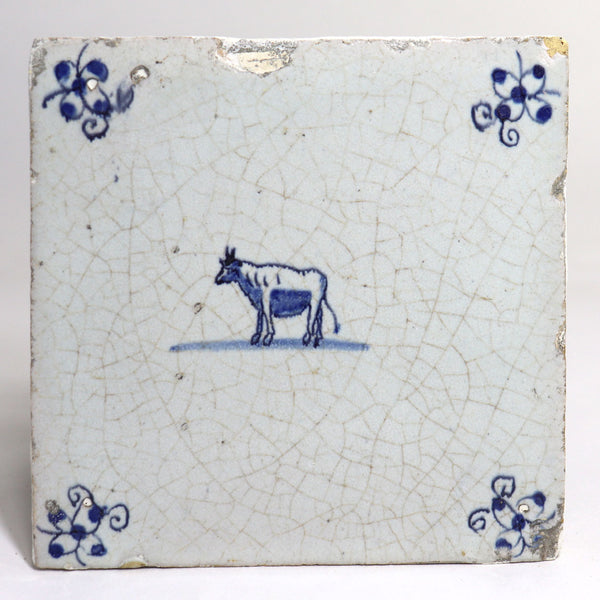 Set of Three Dutch Delft Blue and White Pottery Square Animal Tiles