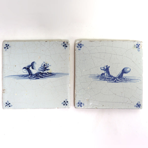 Set Two Dutch Delft Blue and White Pottery Mythological Sea Creature Tiles