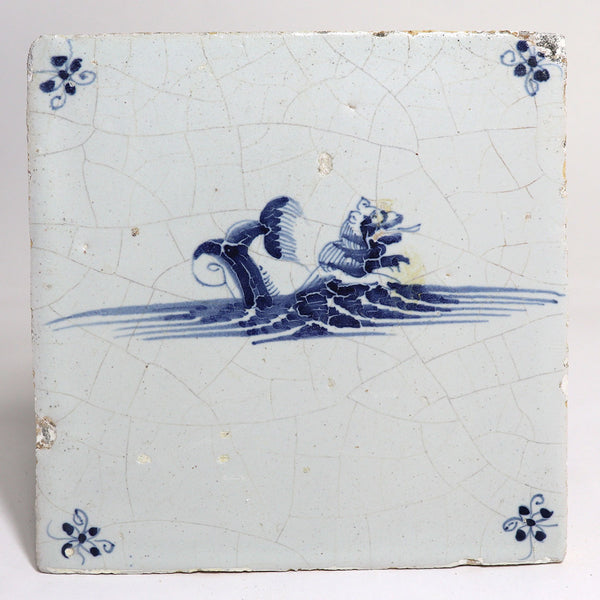 Set Two Dutch Delft Blue and White Pottery Mythological Sea Creature Tiles