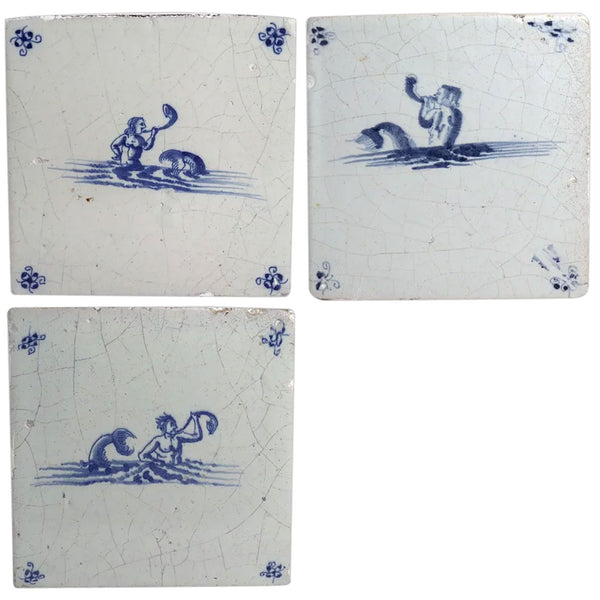 Set of Three Dutch Delft Blue and White Pottery Mythological Mermen Tiles