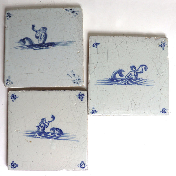 Set of Three Dutch Delft Blue and White Pottery Mythological Mermen Tiles