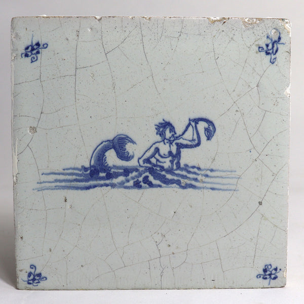 Set of Three Dutch Delft Blue and White Pottery Mythological Mermen Tiles