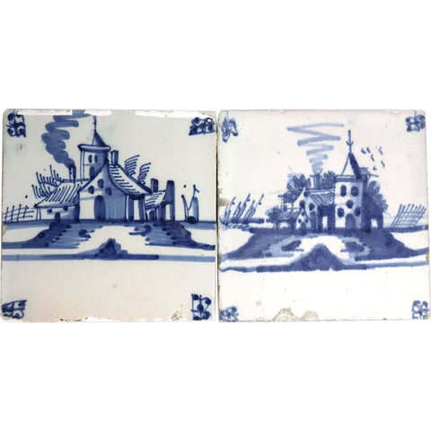 Set of Two Dutch Delft Blue and White Pottery Square House Tiles