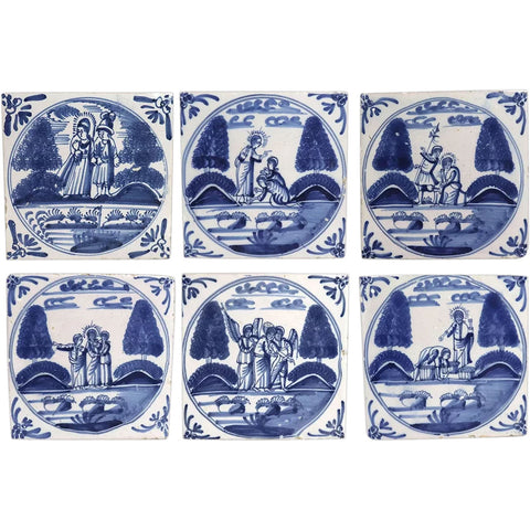 Set of Six Dutch Delft Blue and White Pottery Square Religious Scene Tiles