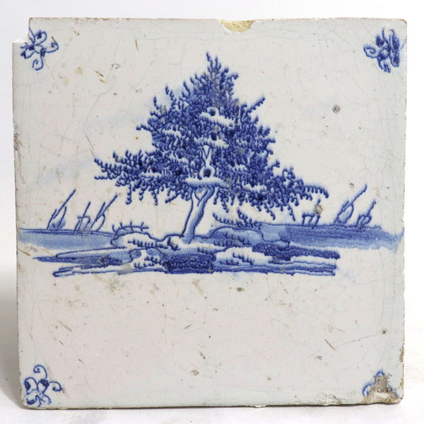 Set of Four Dutch Delft Blue and White Pottery Square Landscape Tiles