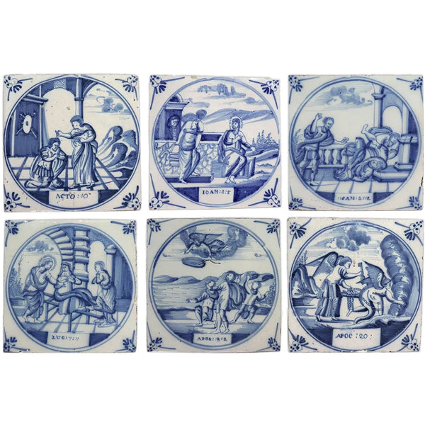 Set of Six Vintage Dutch Delft Blue and White Pottery Square Religious Tiles