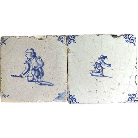 Two Dutch Delft Baroque Style Blue and White Pottery Square Figural Tiles