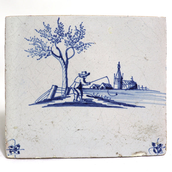 Set of Three Dutch Delft Blue and White Pottery Square Fisherman Tiles